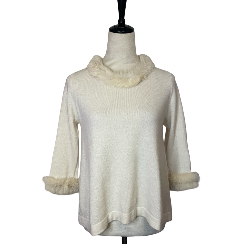 Cortland Park Cream 100%  Cashmere Fur-Trimmed Sweater